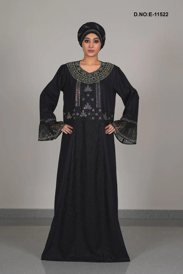 Black Kaftan Abaya with Multi-Tone Beaded Yoke and Lace - غاجي والا إكسبورت Gajiwala Export