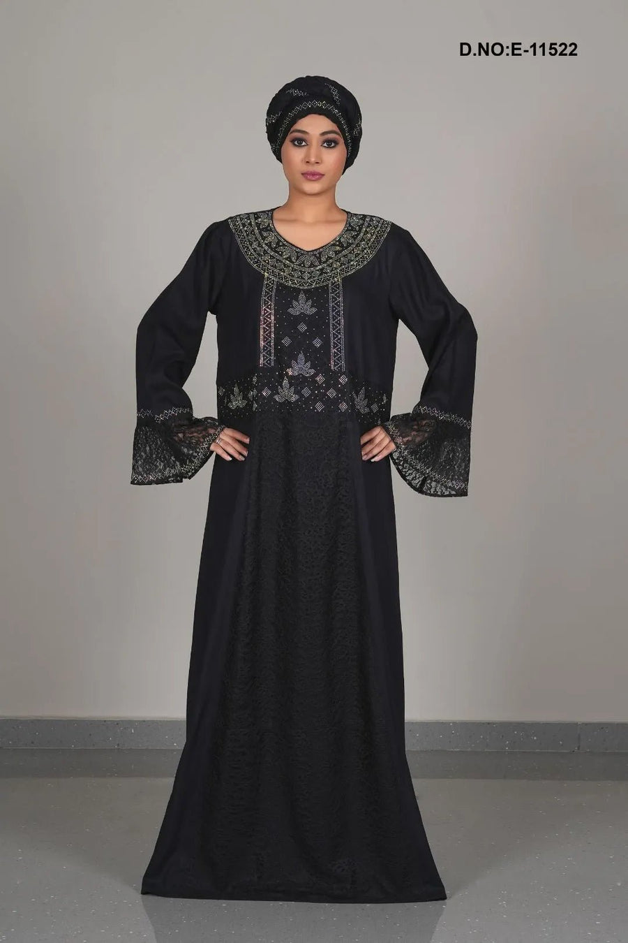 Black Kaftan Abaya with Multi-Tone Beaded Yoke and Lace - غاجي والا إكسبورت Gajiwala Export