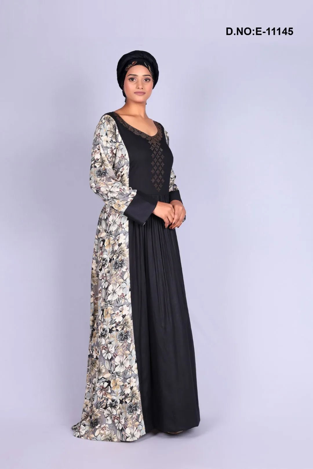 Black Kaftan with Printed Sleeves and Panel Detail - غاجي والا إكسبورت Gajiwala Export