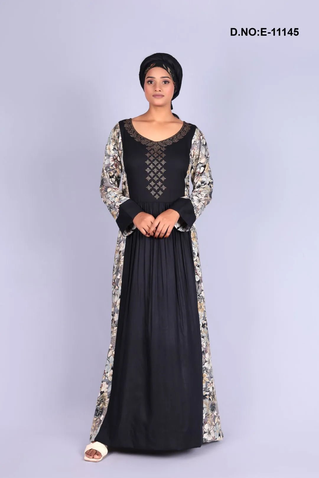 Black Printed Kaftan Dress with Stole for Women- غاجي والا إكسبورت Gajiwala Export