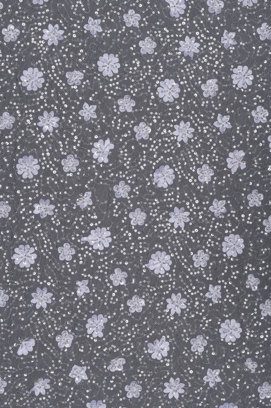 Black Lilac Floral Appliqué and Silver Sequins Fabric - غاجي والا إكسبورت Gajiwala Export