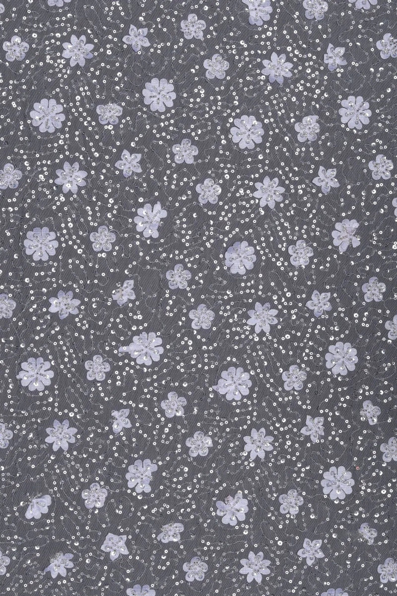 Black Lilac Floral Appliqué and Silver Sequins Fabric - غاجي والا إكسبورت Gajiwala Export