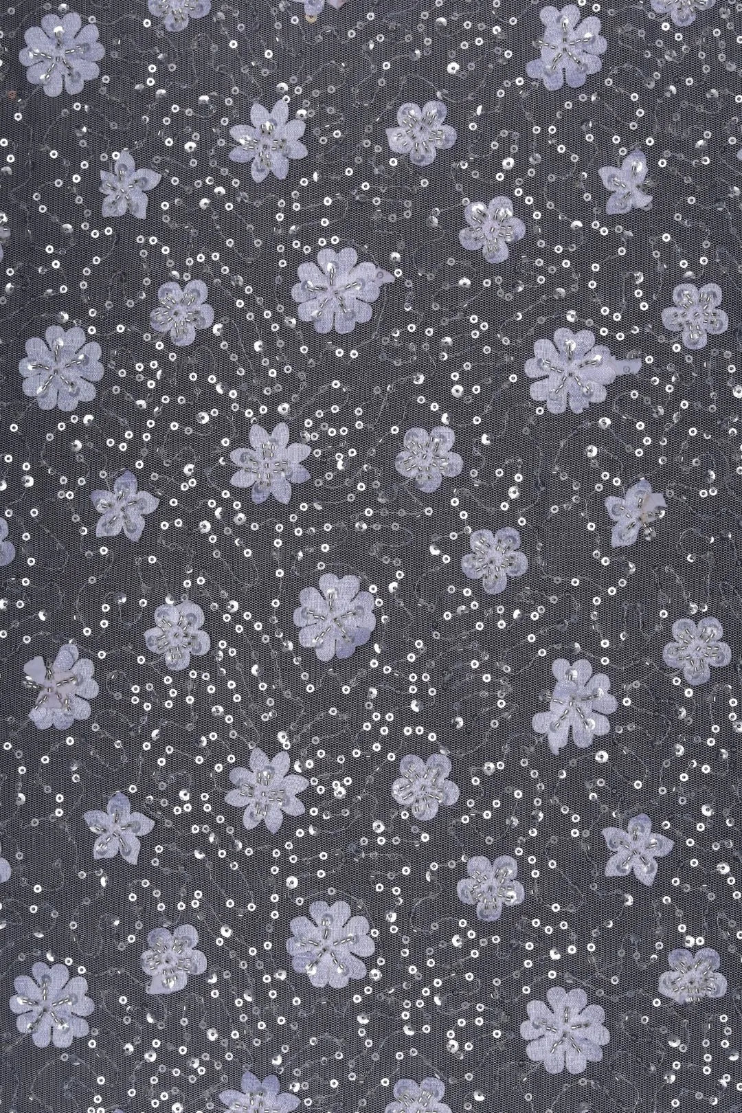 Black Lilac Floral Appliqué and Silver Sequins Fabric - غاجي والا إكسبورت Gajiwala Export