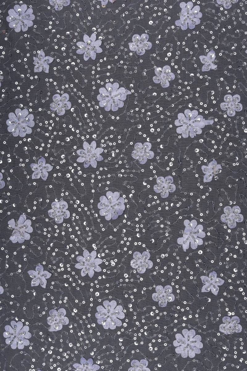 Black Lilac Floral Appliqué and Silver Sequins Fabric - غاجي والا إكسبورت Gajiwala Export