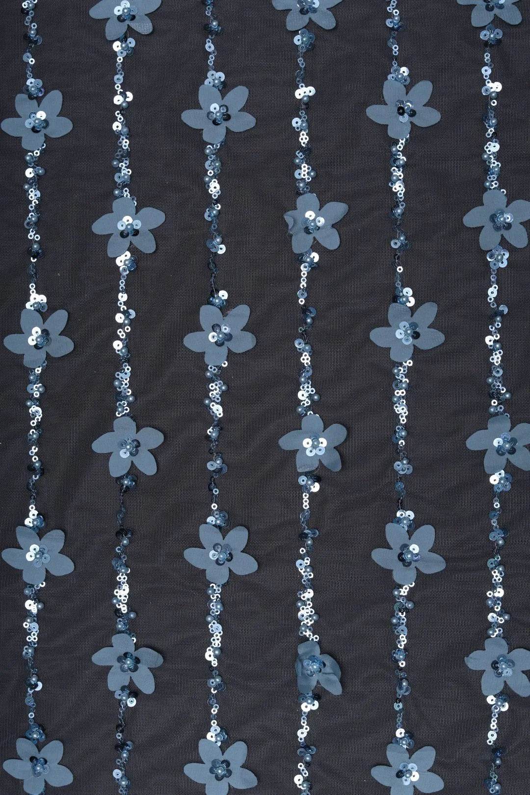 Black Mesh with Floral and Silver Sequin Fabric - غاجي والا إكسبورت Gajiwala Export