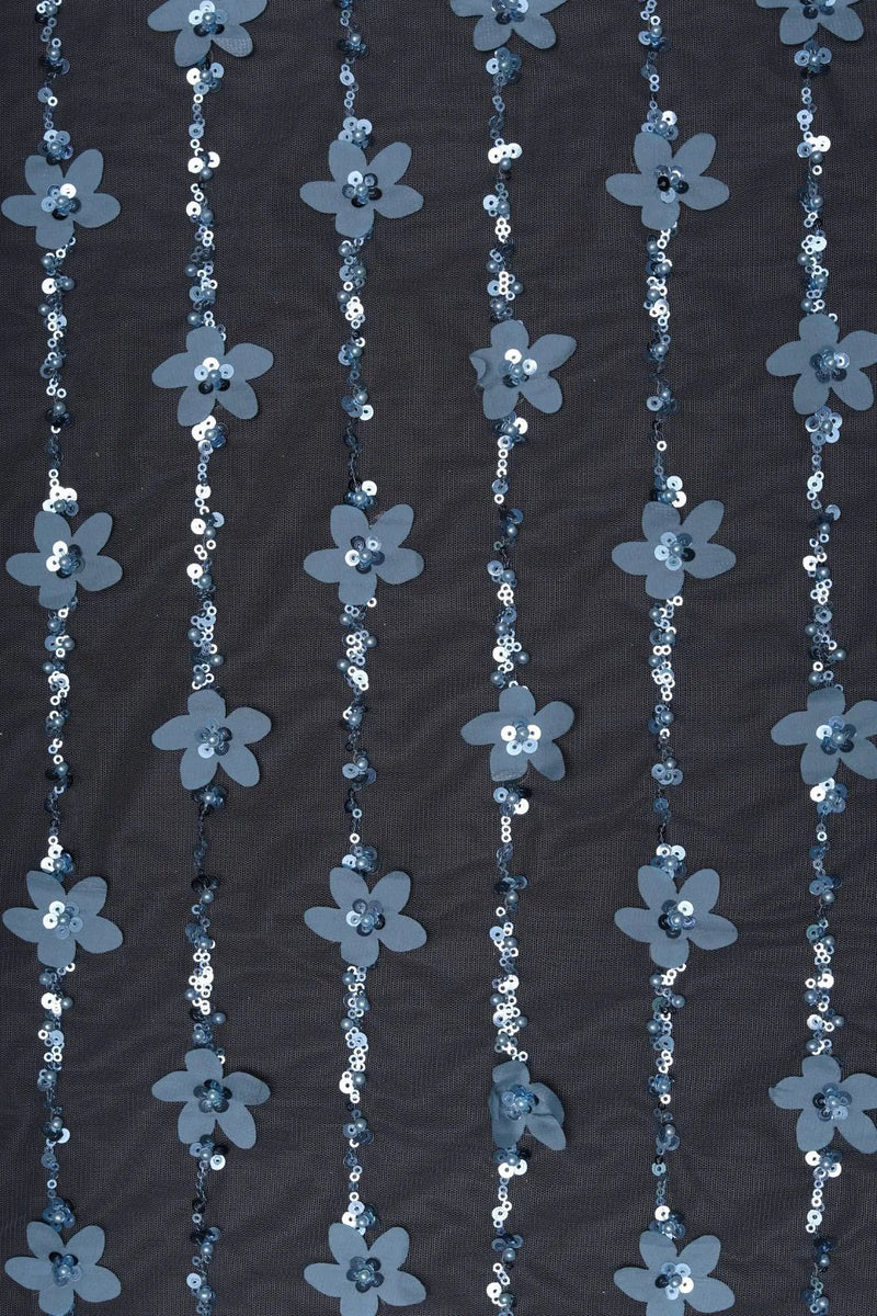 Black Mesh with Floral and Silver Sequin Fabric - غاجي والا إكسبورت Gajiwala Export