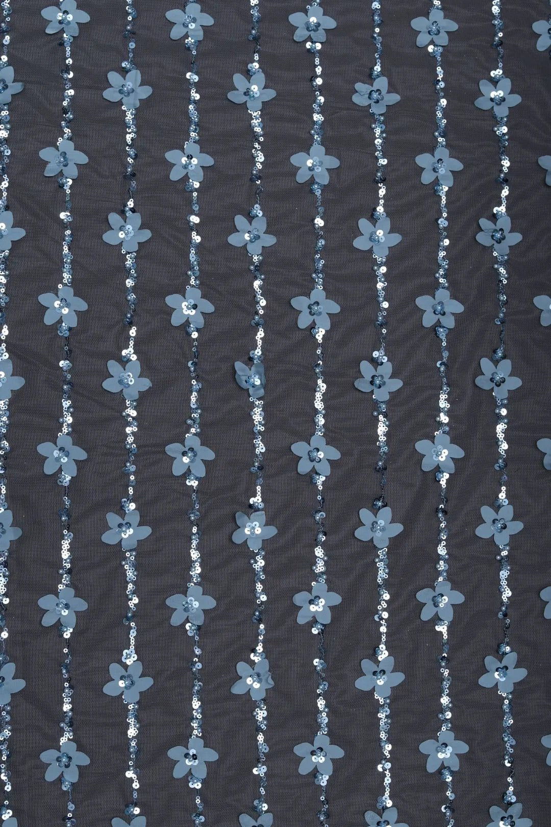 Black Mesh with Floral and Silver Sequin Fabric - غاجي والا إكسبورت Gajiwala Export