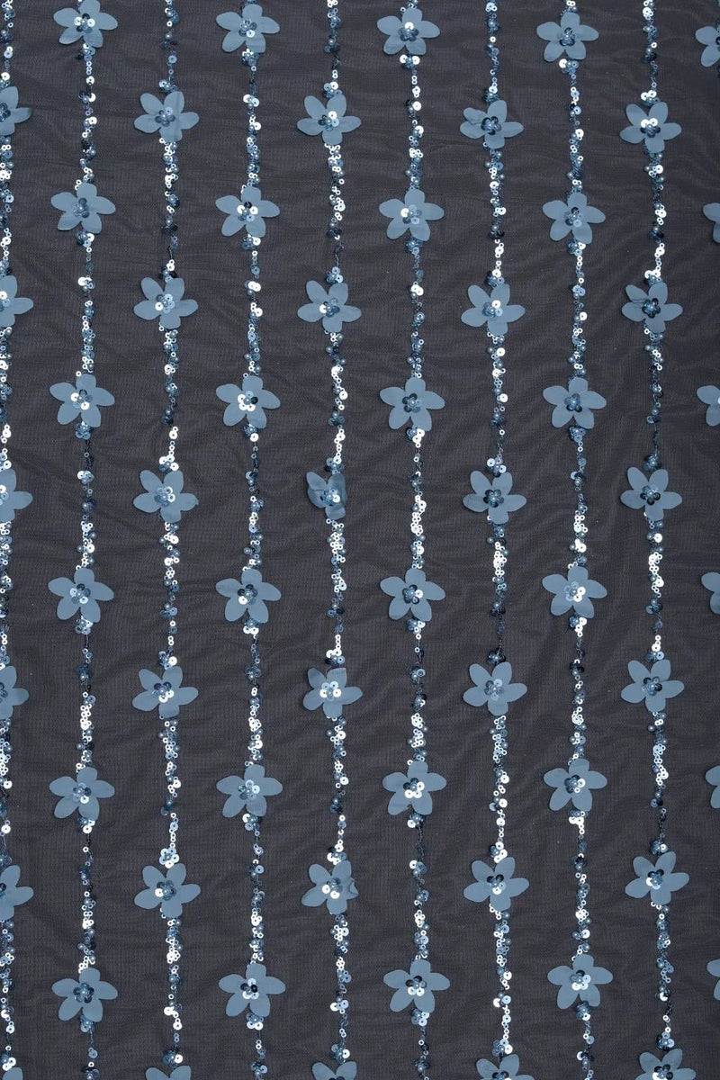Black Mesh with Floral and Silver Sequin Fabric - غاجي والا إكسبورت Gajiwala Export