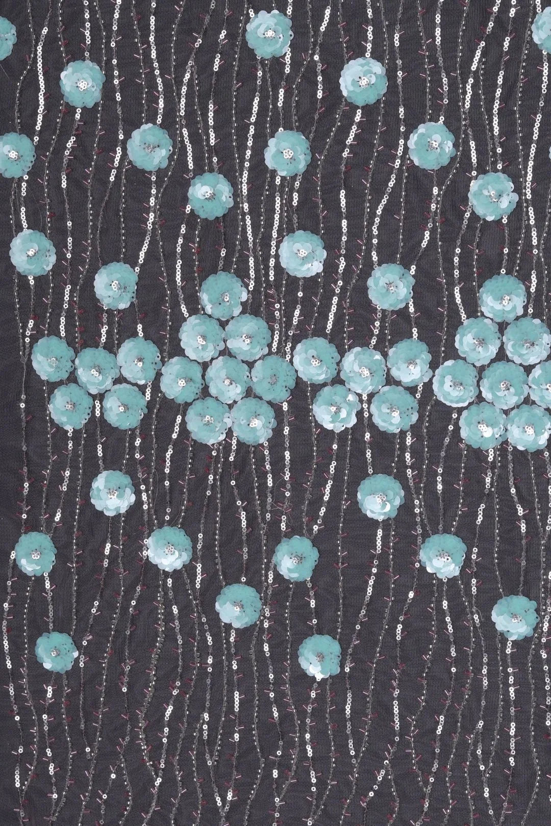 Black Mesh with Teal Floral Sequin Vines Fabric - غاجي والا إكسبورت Gajiwala Export