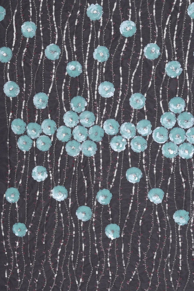 Black Mesh with Teal Floral Sequin Vines Fabric - غاجي والا إكسبورت Gajiwala Export