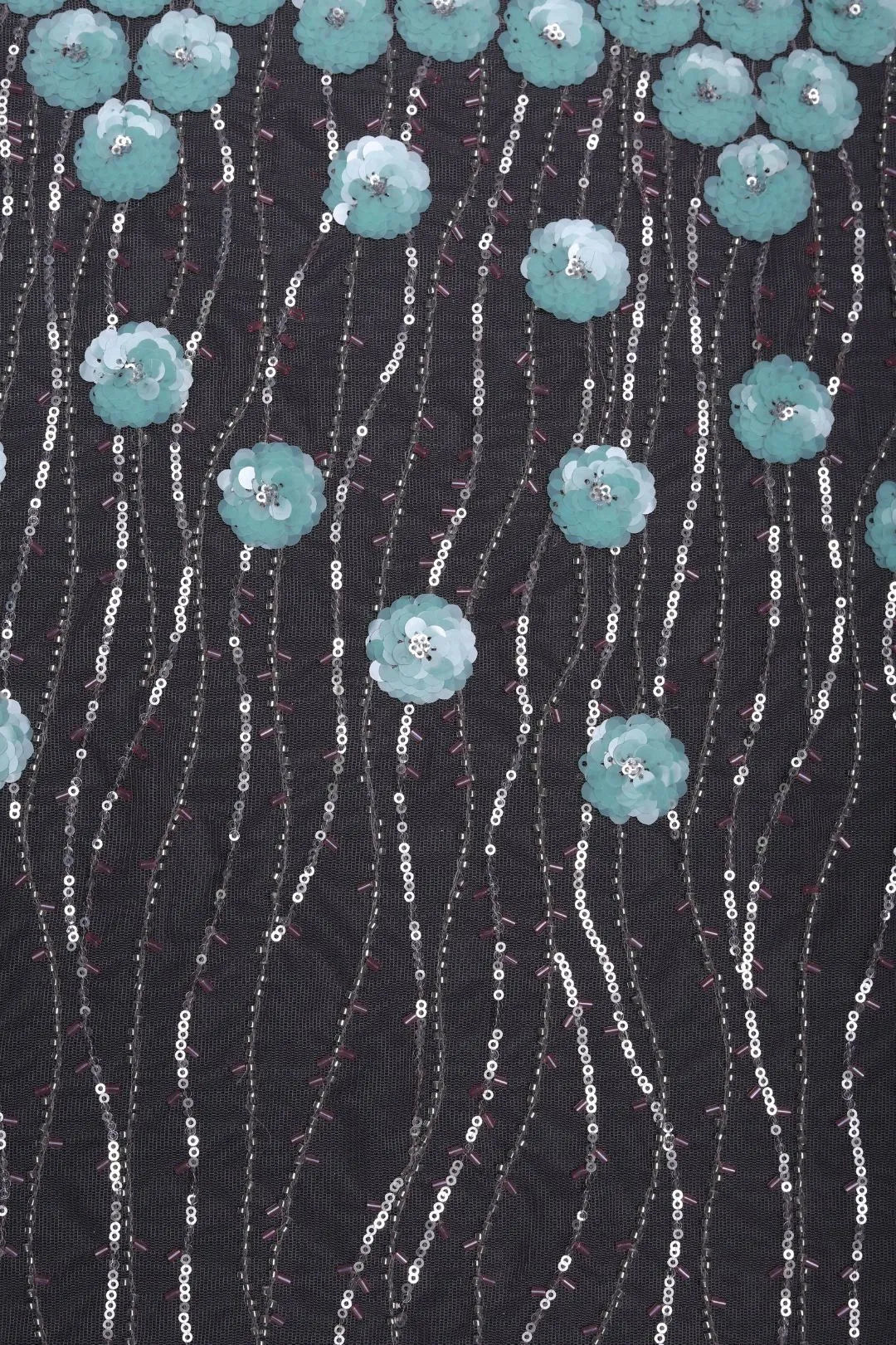 Black Mesh with Teal Floral Sequin Vines Fabric - غاجي والا إكسبورت Gajiwala Export