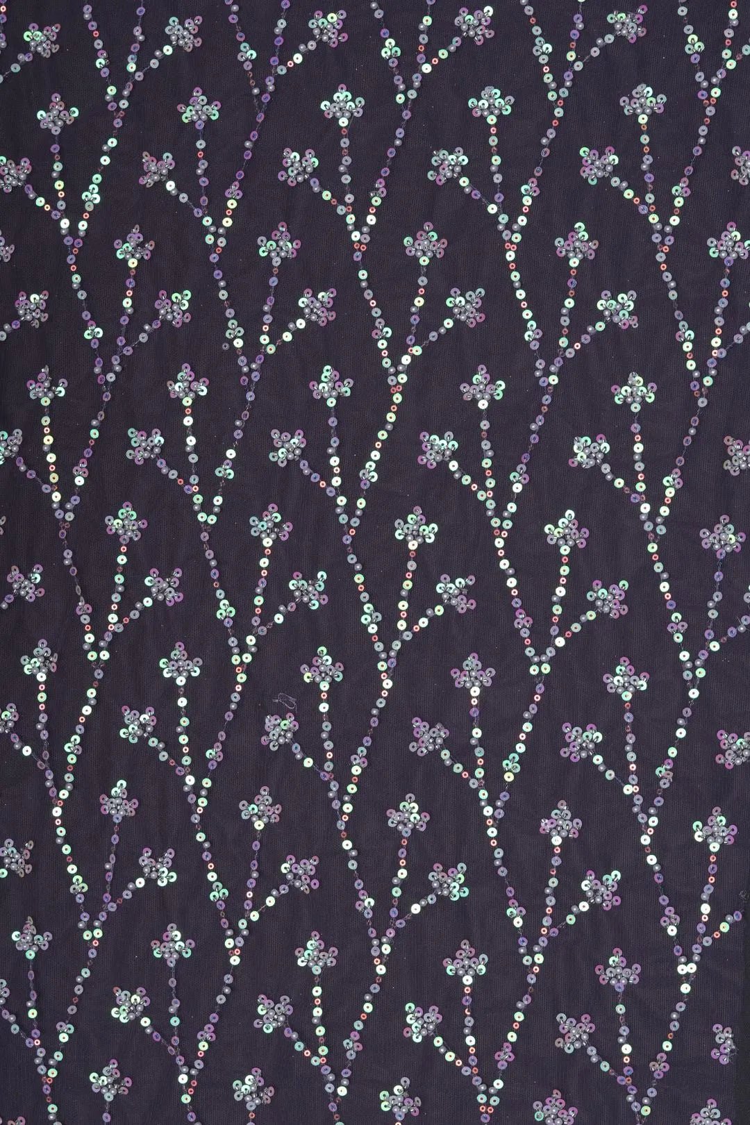 Black Mesh Fabric with Vertical Floral Sequins- غاجي والا إكسبورت Gajiwala Export