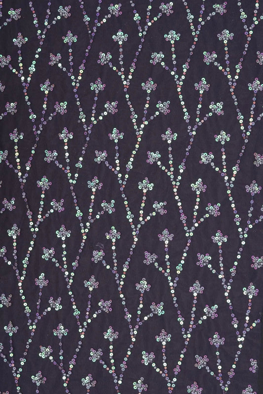 Black Mesh Fabric with Vertical Floral Sequins- غاجي والا إكسبورت Gajiwala Export