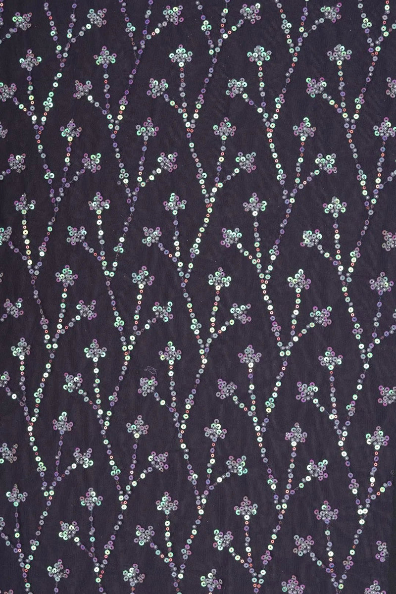 Black Mesh Fabric with Vertical Floral Sequins- غاجي والا إكسبورت Gajiwala Export