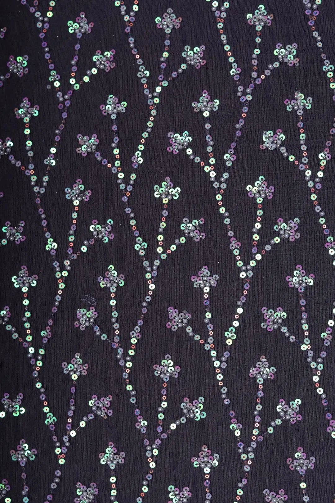 Black Mesh Fabric with Vertical Floral Sequins - غاجي والا إكسبورت Gajiwala Export