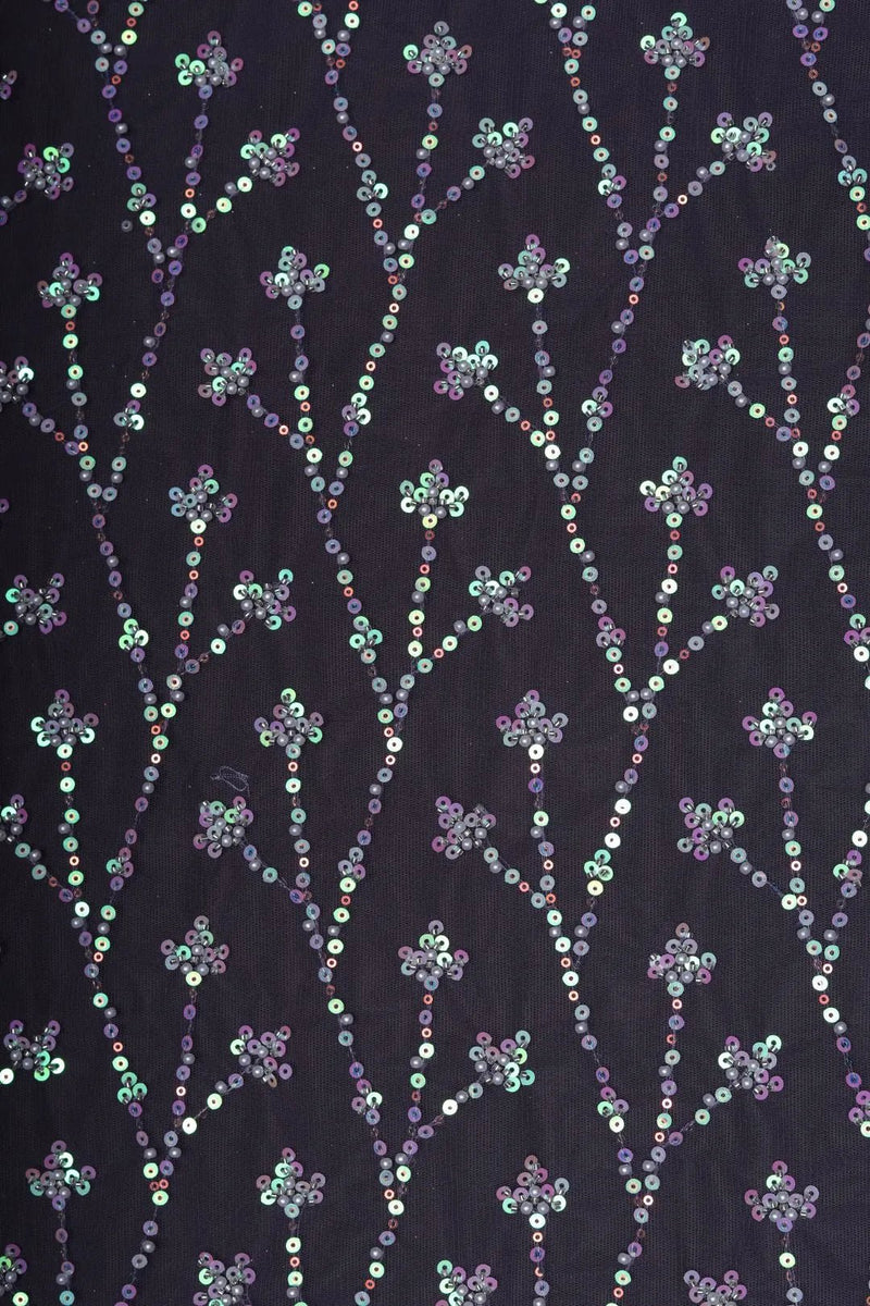 Black Mesh Fabric with Vertical Floral Sequins - غاجي والا إكسبورت Gajiwala Export
