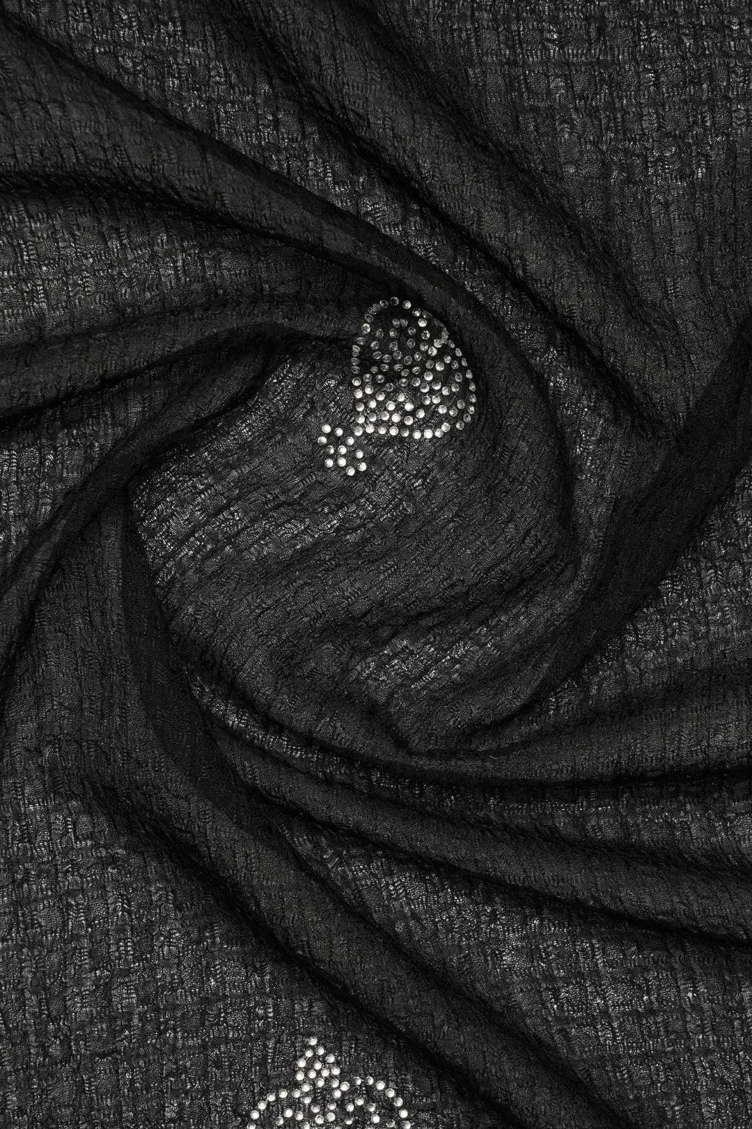 Black Textured Stole with Silver Rhinestone Crown Motifs - غاجي والا إكسبورت Gajiwala Export