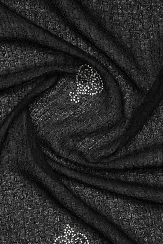 Black Textured Stole with Silver Rhinestone Crown Motifs - غاجي والا إكسبورت Gajiwala Export