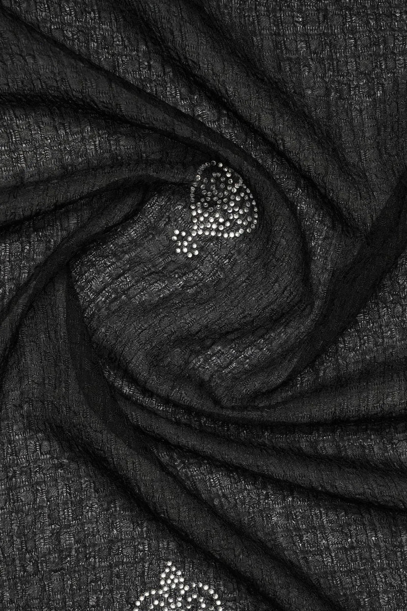 Black Textured Stole with Silver Rhinestone Crown Motifs - غاجي والا إكسبورت Gajiwala Export