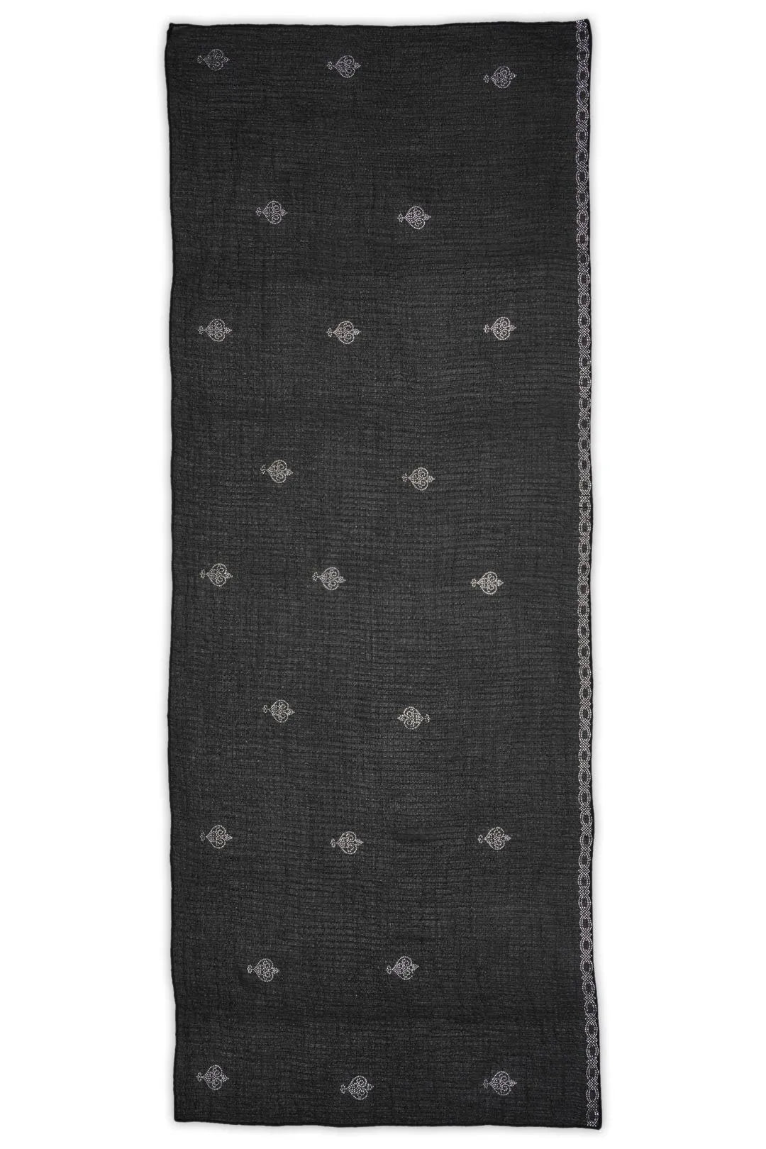Black Textured Stole with Silver Rhinestone Crown Motifs - غاجي والا إكسبورت Gajiwala Export