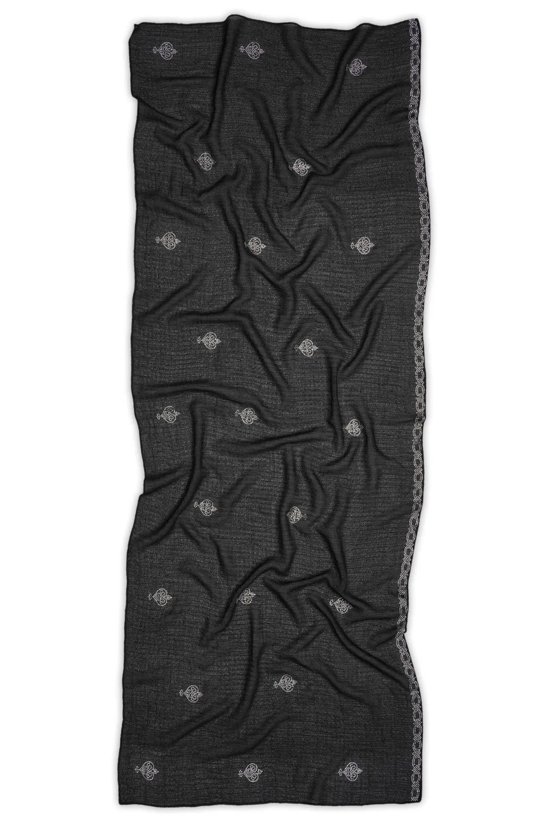 Black Textured Stole with Silver Rhinestone Crown Motifs - غاجي والا إكسبورت Gajiwala Export