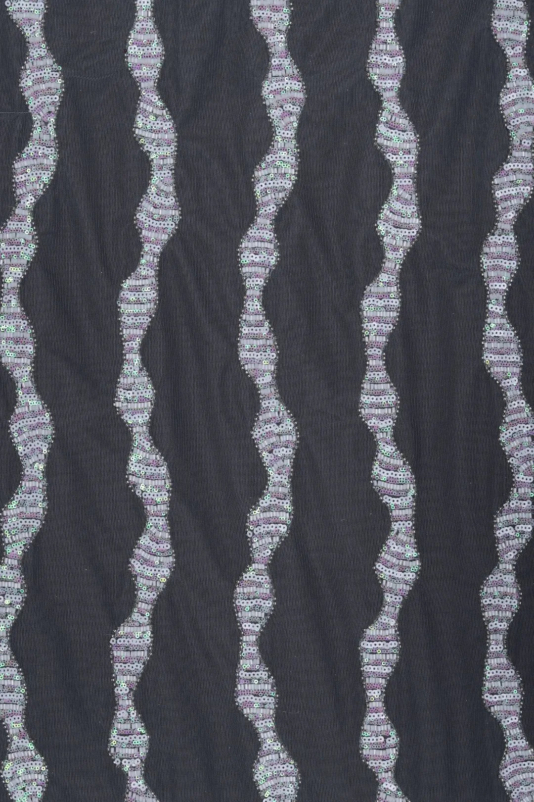 Black Wavy Stripe Sequin Embroidery Fabric - غاجي والا إكسبورت Gajiwala Export