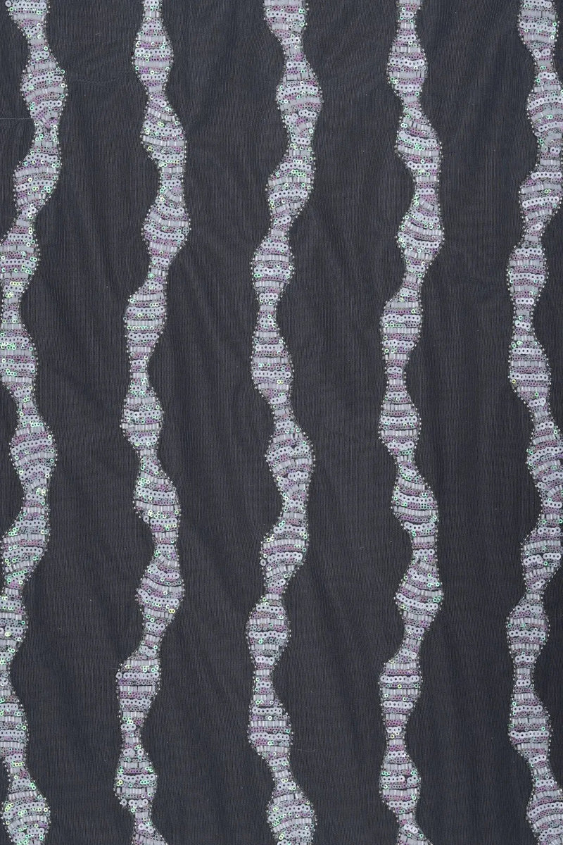 Black Wavy Stripe Sequin Embroidery Fabric - غاجي والا إكسبورت Gajiwala Export