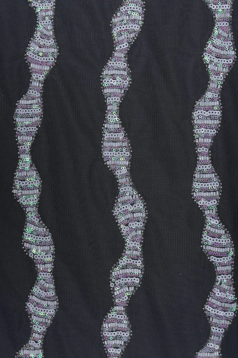 Black Wavy Stripe Sequin Embroidery Fabric - غاجي والا إكسبورت Gajiwala Export