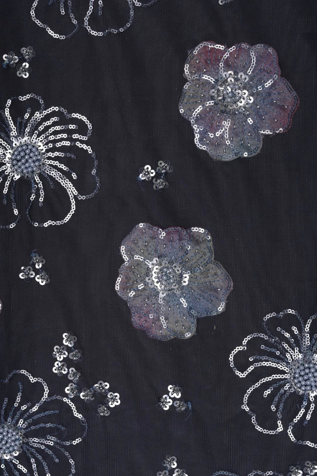 Black with Silver & Sequined Floral Motifs Fabric - غاجي والا إكسبورت Gajiwala Export