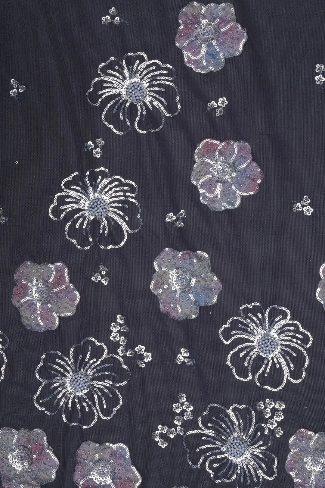 Black with Silver & Sequined Floral Motifs Fabric - غاجي والا إكسبورت Gajiwala Export