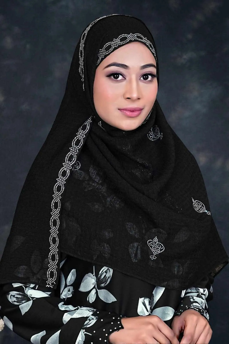 black hijab with intricate patterns