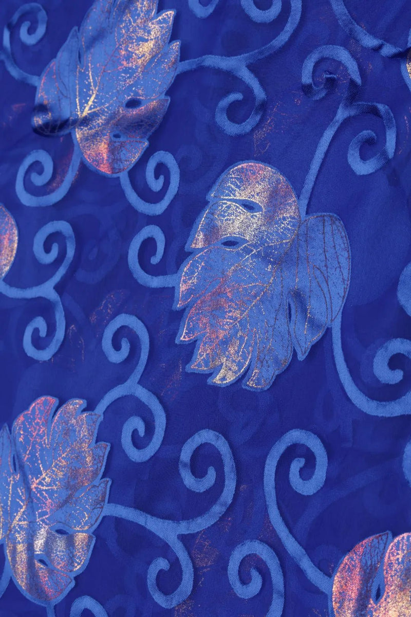 Blue Brasso Fabric with Multi - Tonal Metallic Foil Leaves - غاجي والا إكسبورت Gajiwala Export