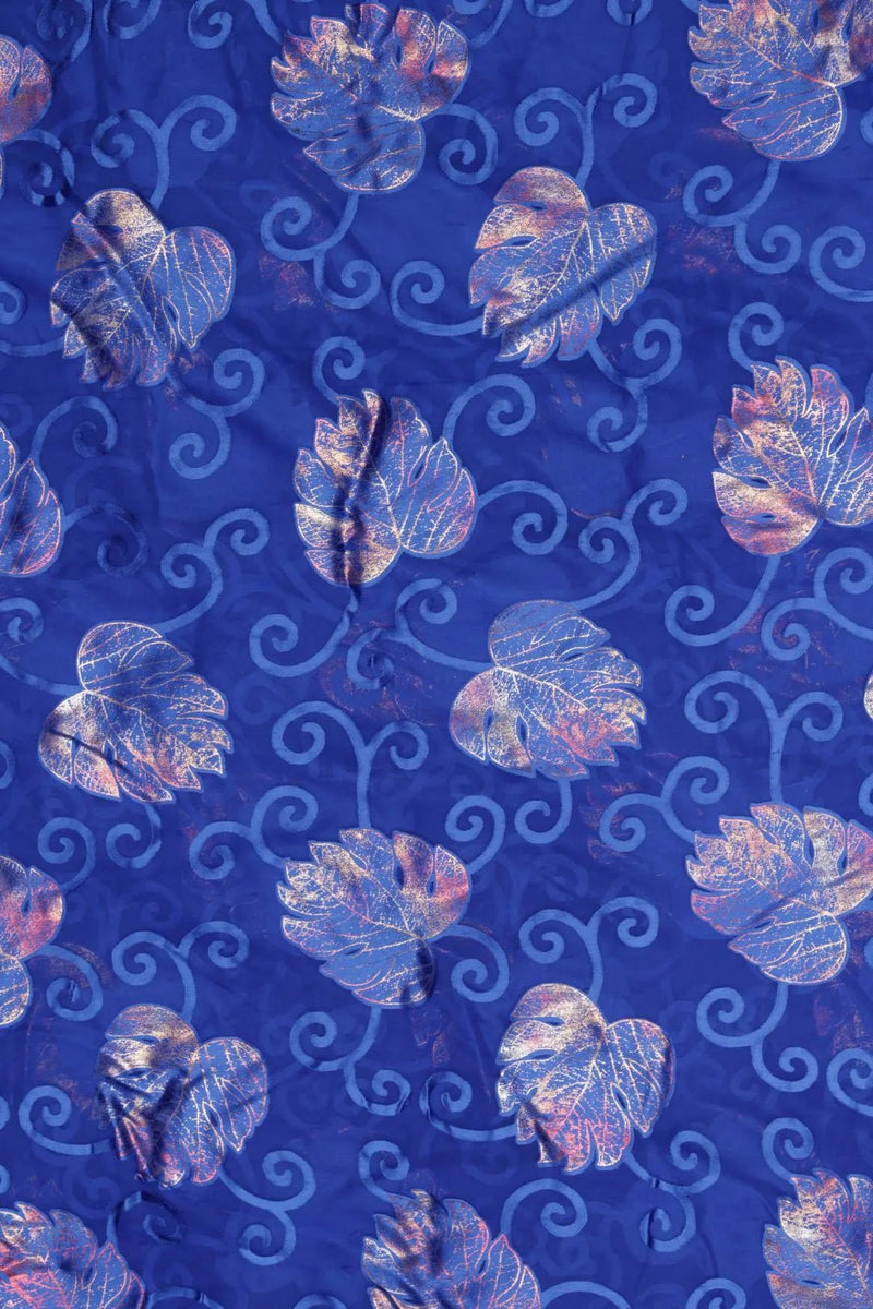 Blue Brasso Fabric with Multi - Tonal Metallic Foil Leaves - غاجي والا إكسبورت Gajiwala Export