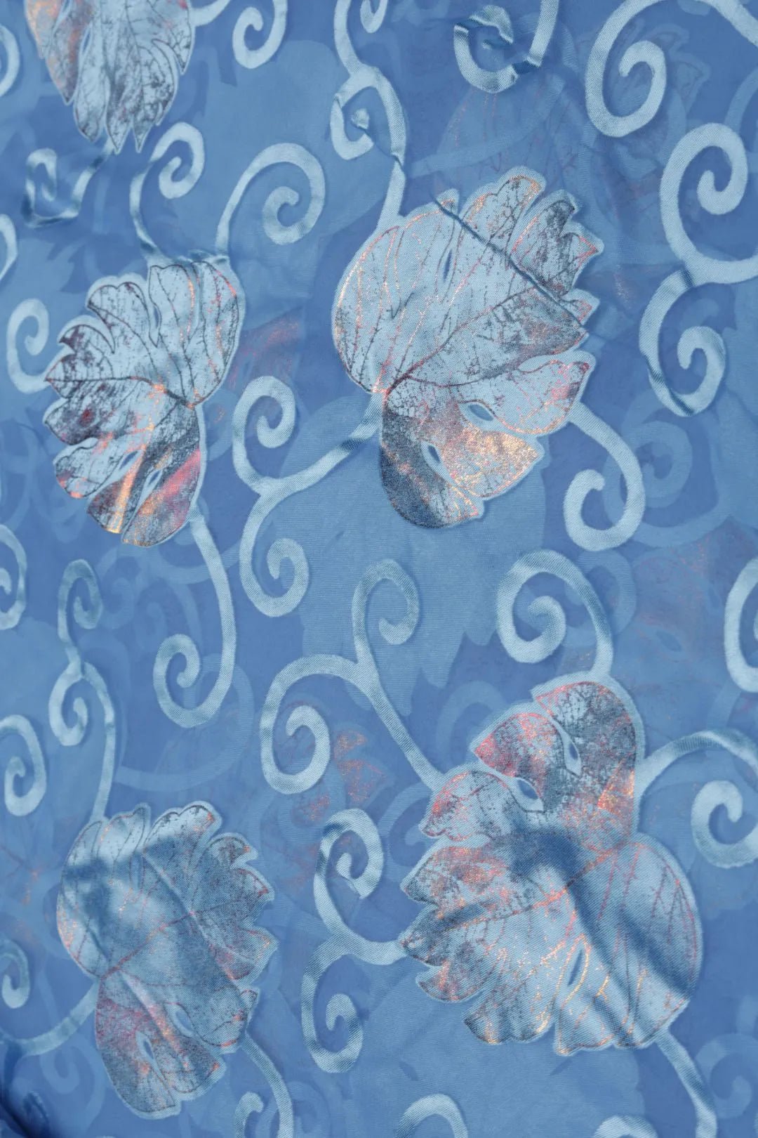 Blue Brasso Fabric with Shimmering Silver-Rose Gold Foil Leaves- غاجي والا إكسبورت Gajiwala Export