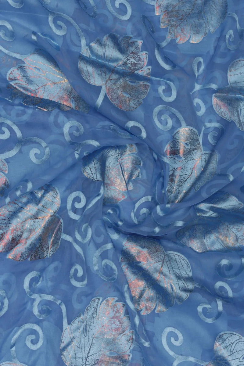 Blue Brasso Fabric with Shimmering Silver-Rose Gold Foil Leaves - غاجي والا إكسبورت Gajiwala Export