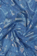 Blue Brasso Silk Fabric with Silver and Rose Gold Floral Foil - غاجي والا إكسبورت Gajiwala Export