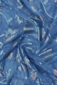 Blue Brasso Silk Fabric with Silver and Rose Gold Floral Foil - غاجي والا إكسبورت Gajiwala Export