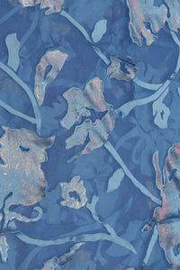 Blue Brasso Silk Fabric with Silver and Rose Gold Floral Foil - غاجي والا إكسبورت Gajiwala Export