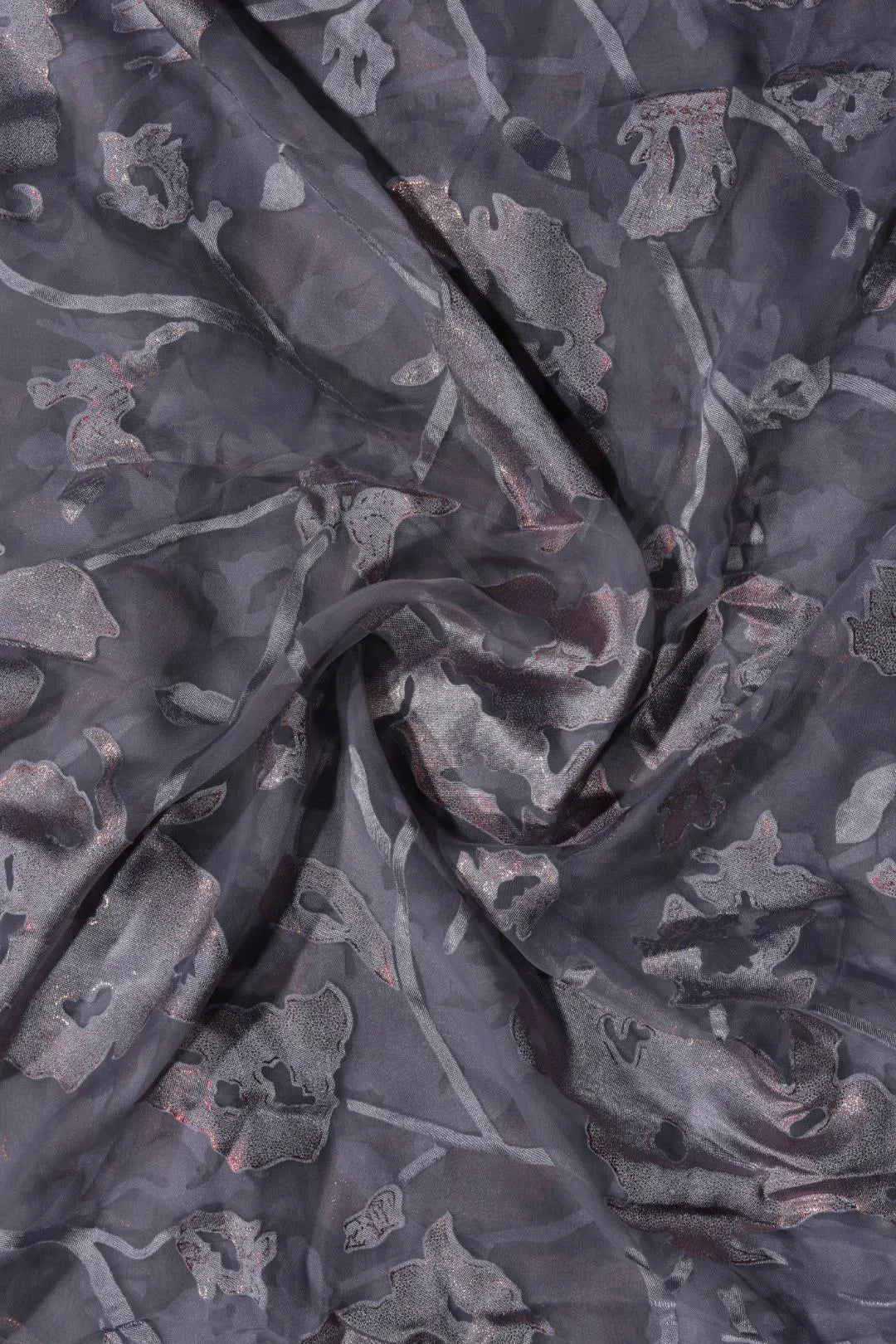 Brasso fabric with Antique Silver and Gray Floral Foil - غاجي والا إكسبورت Gajiwala Export