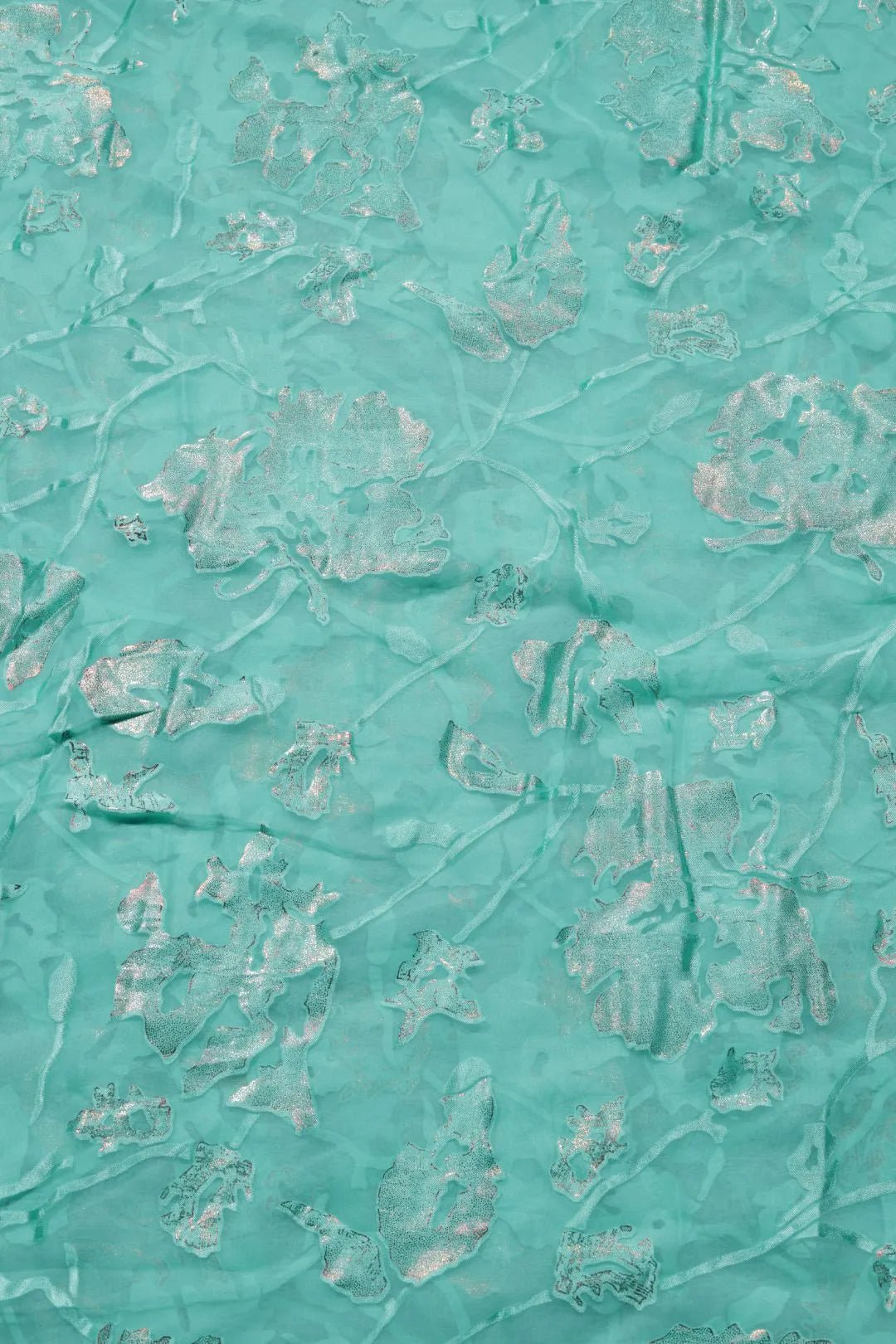 Brasso fabric with Brilliant Silver and Sea Green Floral Foil - غاجي والا إكسبورت Gajiwala Export