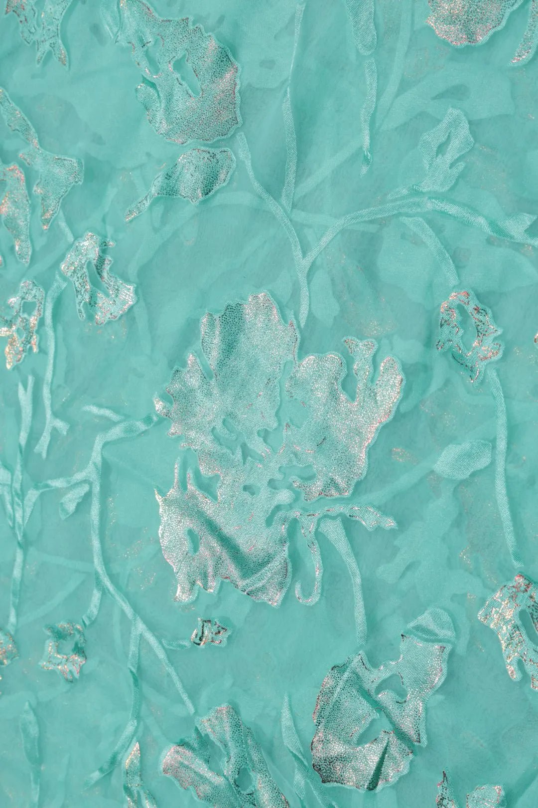 Brasso fabric with Brilliant Silver and Sea Green Floral Foil - غاجي والا إكسبورت Gajiwala Export