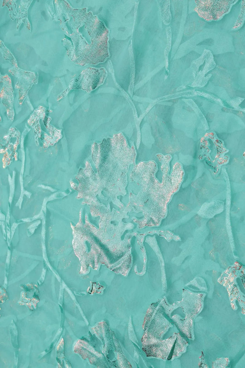 Brasso fabric with Brilliant Silver and Sea Green Floral Foil - غاجي والا إكسبورت Gajiwala Export