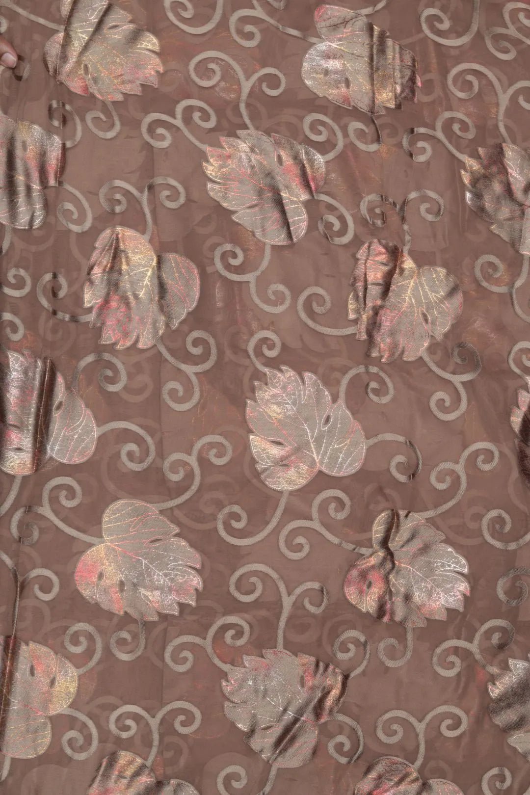 Brasso Fabric with Dual - Tone Copper - Brown Foil Leaves - غاجي والا إكسبورت Gajiwala Export