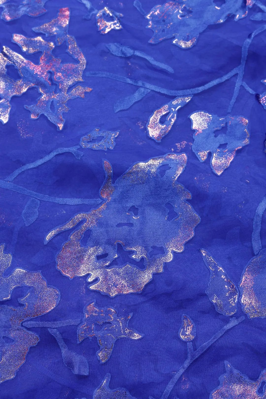 Brasso fabric with Luminous Silver and Blue Floral Foil - غاجي والا إكسبورت Gajiwala Export
