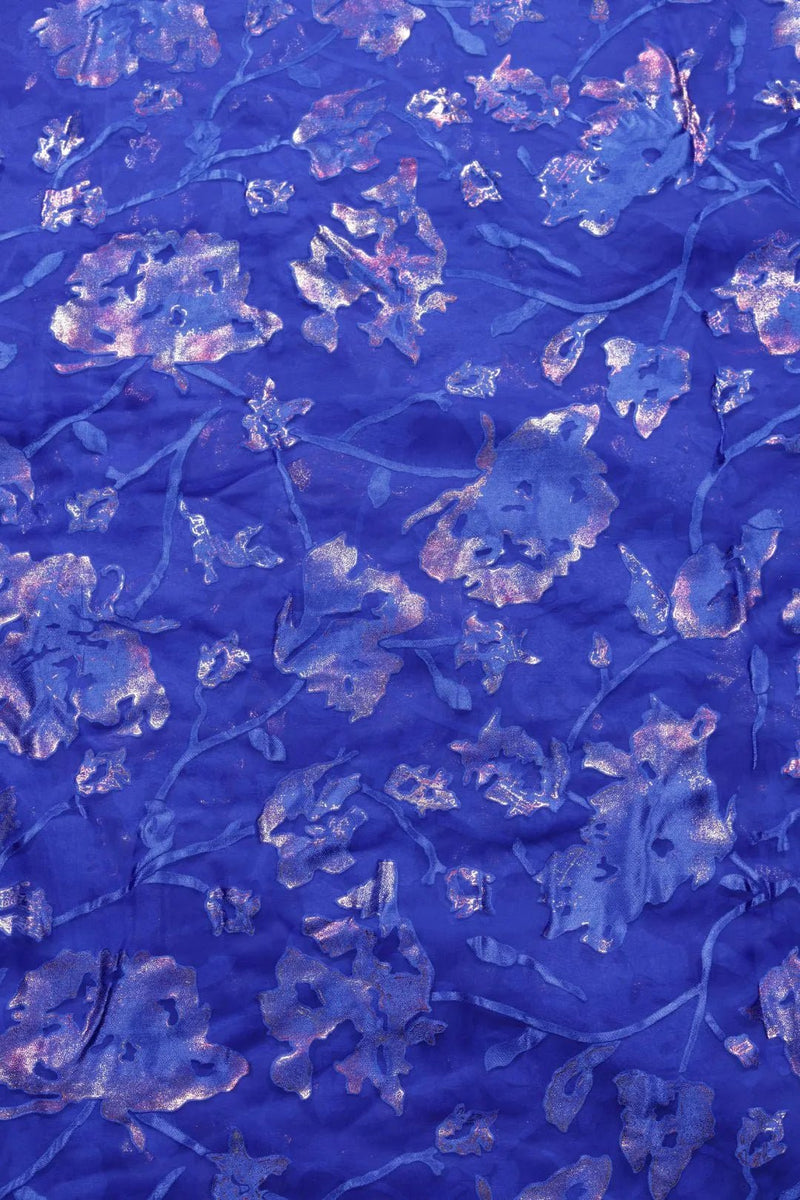 Brasso fabric with Luminous Silver and Blue Floral Foil - غاجي والا إكسبورت Gajiwala Export