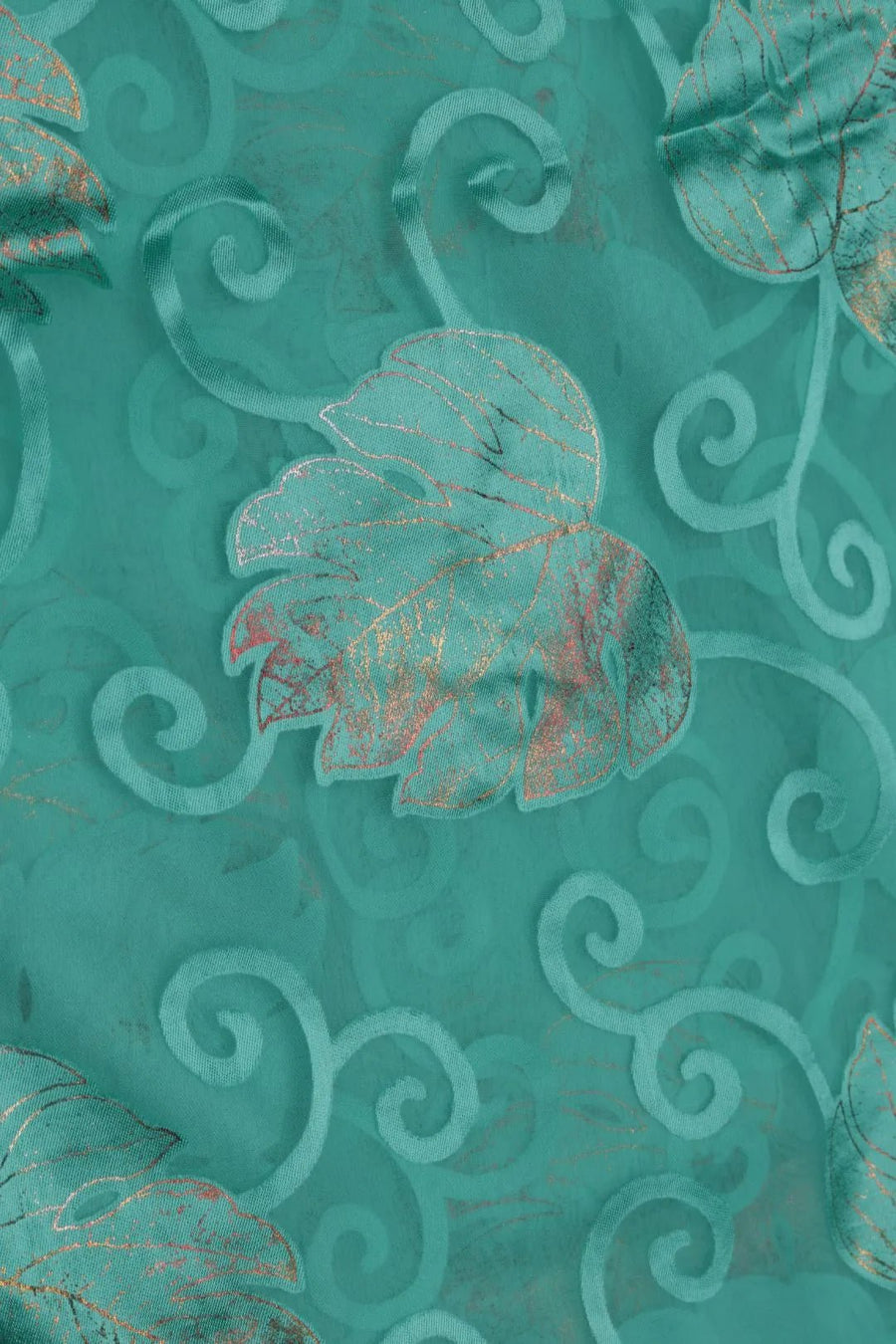 Brasso fabric with Shimmering Copper - Teal Foil Leaves - غاجي والا إكسبورت Gajiwala Export