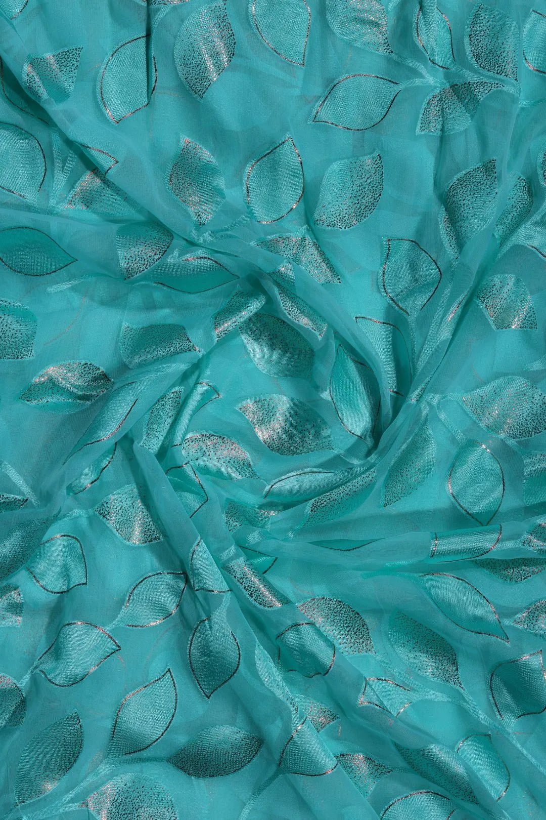 Brasso fabric with Sparkling Blue and Leaf Foil - غاجي والا إكسبورت Gajiwala Export