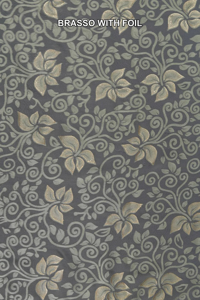 Charcoal Devoré Vine and Floral with Gold Accents fabric - غاجي والا إكسبورت Gajiwala Export