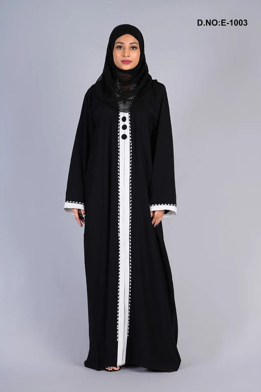 Classic Black Contrast Trim Button Abaya - غاجي والا إكسبورت Gajiwala Export
