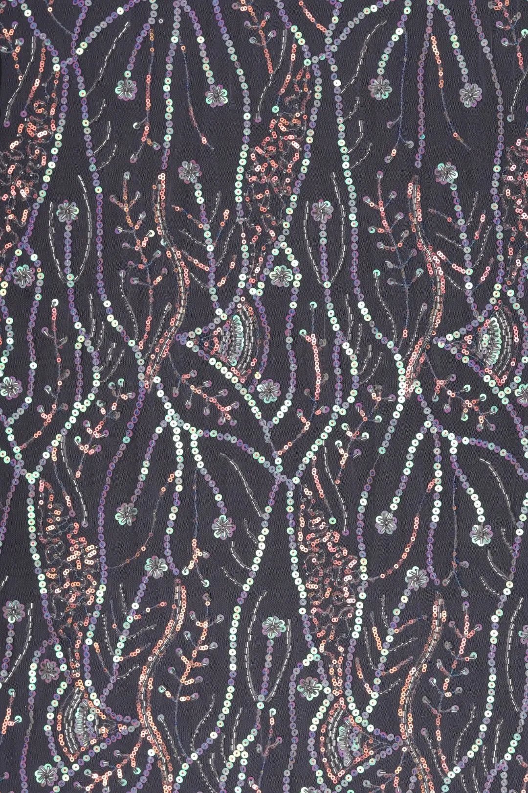 Black Mesh Fabric with Floral Beaded Vine Embroidery - غاجي والا إكسبورت Gajiwala Export